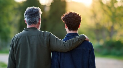 Naklejka premium Father and son bonding during a sunset walk with supportive guidance and family love