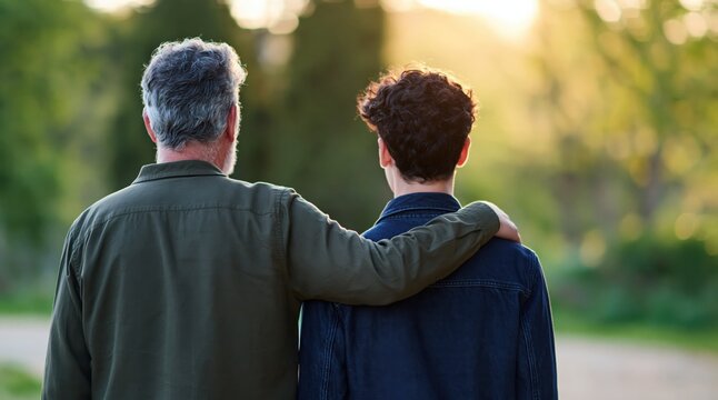 Father and son bonding during a sunset walk with supportive guidance and family love