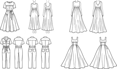 Fototapeta premium Technical fashion flat sketch collection of women's apparel featuring maxi dresses a flared sun dress and a utility boiler jumpsuit