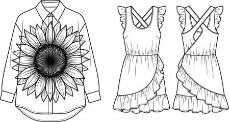 Fototapeta premium Technical fashion flat sketch of a women's oversized button up shirt with sunflower print and ruffled cross back wrap dress