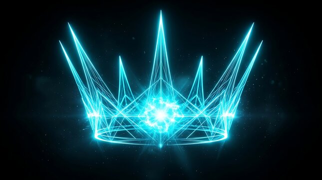 Glowing cyan neon crown constructed from intricate wireframe geometry floating against a deep black background with bright light particles radiating from its sharp majestic pointed center