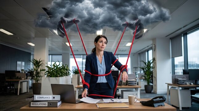 Businesswoman controlled by puppet strings in office, bureaucracy and regulatory burden concept