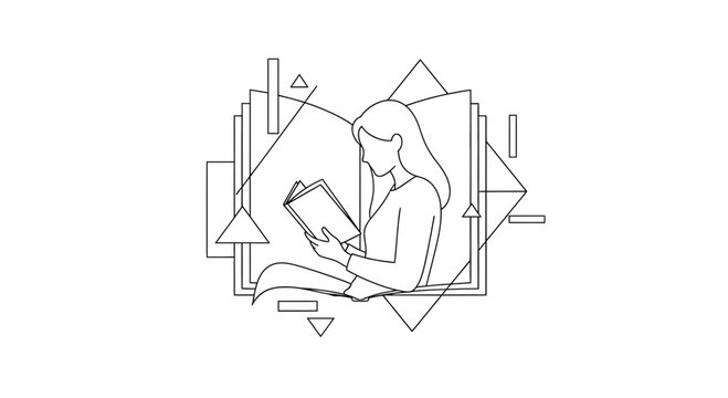 Woman reading a book with abstract geometric shapes, minimalist line art illustration