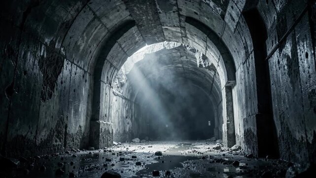 Dark, Dramatic Tunnel Interior Illuminated by Bright Light Beam Creating a Mysterious Cinematic Atmosphere