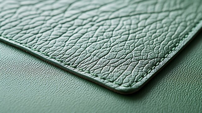 Close-up of textured leather surface with soft shadows and detailed grain pattern in pastel green color