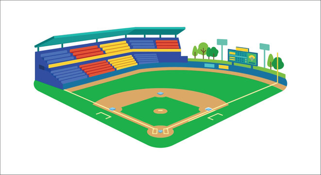 Baseball field illustration with stadium seating and green grass