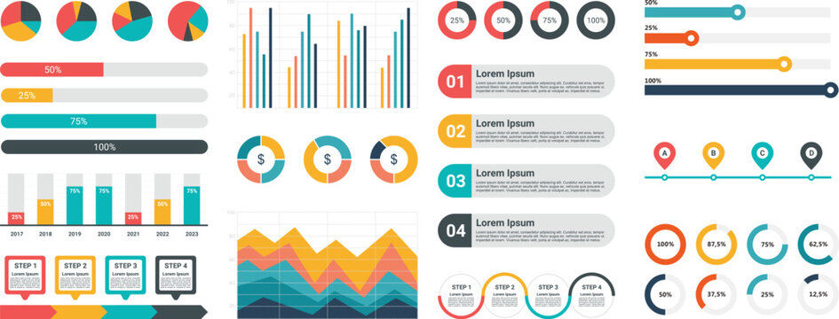 Corporate business infographics template and flat charts elements vector illustration.

Data visualization graphics set featuring colorful pie charts, bar graphs, and pins.