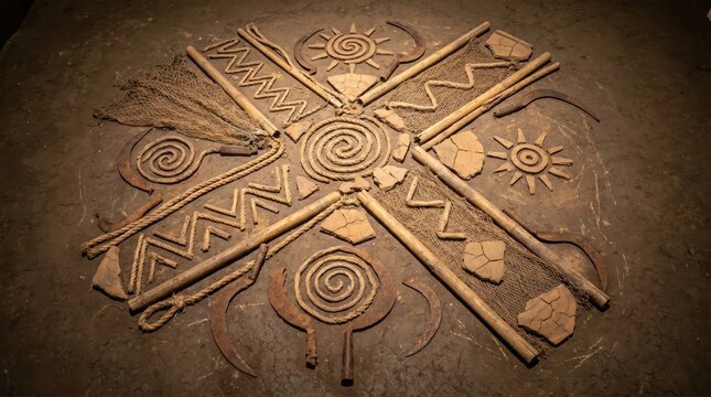 Artistic arrangement of traditional agricultural tools and natural materials