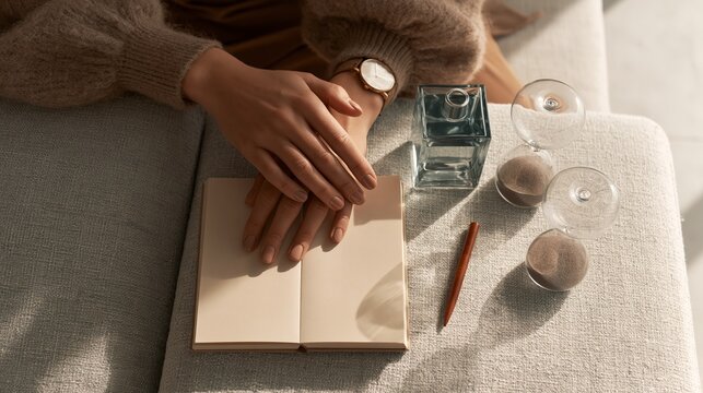 Minimalist overhead view of memoryediting tools beside a peaceful clients hand on a couch with a sand timer and muted d&Atilde;&copy;cor creating a serene homeoffice therapy atmosphere.