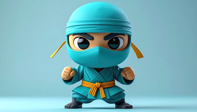 Cute Cartoon Ninja Character in Blue Outfit with Focused Expression and Posed Ready for Action.