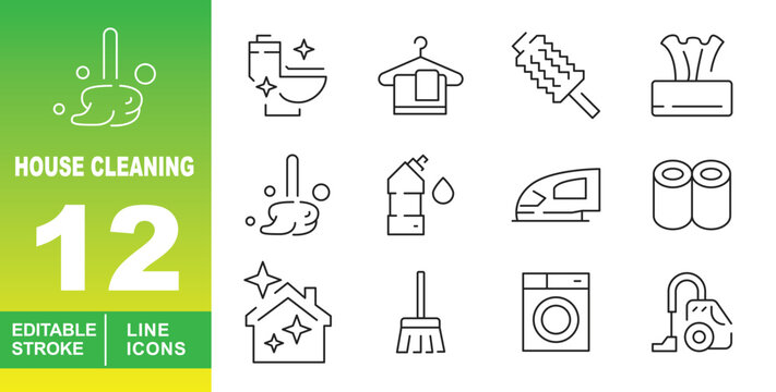 House cleaning set of web icons in line style. Containing toilet, hanger, duster, tissue, mop, detergent, iron, paper, house, broom, washer, vacuum, bucket, sponge, gloves and more.