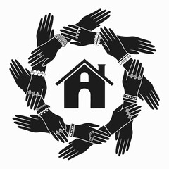 Obraz premium Black and white illustration of hands forming a circle around a house