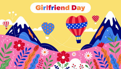 Obraz premium Vibrant illustration celebrating girlfriend day with hot air balloons and flowers