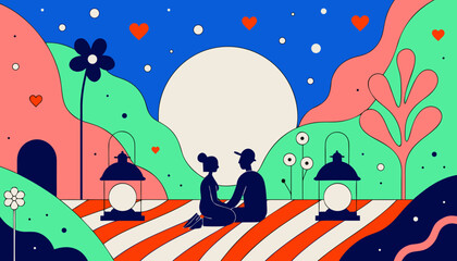 Naklejka premium Couple sitting on striped blanket under full moon with colorful hills and flowers