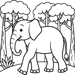 Fototapeta premium Cute Elephant Walking in Nature Landscape Line Art Coloring Page Vector Illustration for Kids Educational Activity Book