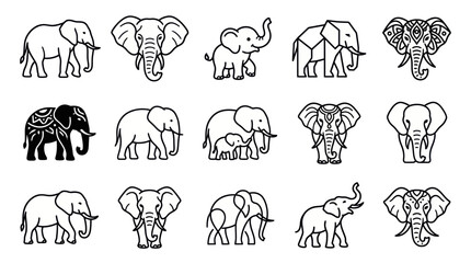 Elephant Icon Set: Diverse Styles of Elephants in Outline and Silhouette © siti