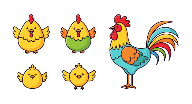 Cute Cartoon Chickens and Rooster Collection, Farm Animals