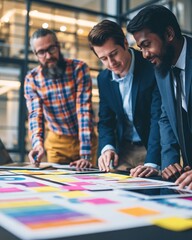 Fototapeta premium Policy experts collaboratively reviewing detailed economic data on colorful charts using sticky notes and digital devices in a contemporary corporate space with a welllit glass