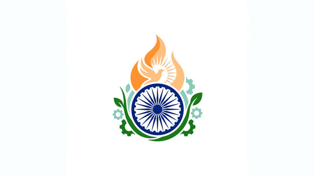 Indian Ashoka Chakra Emblem with Peace Dove and Industrial Gears