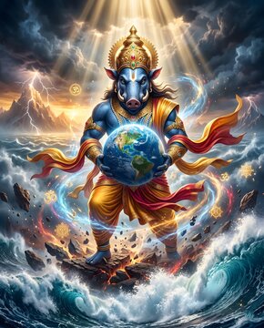 Varaha avatar deity holding earth above cosmic ocean with divine lightning