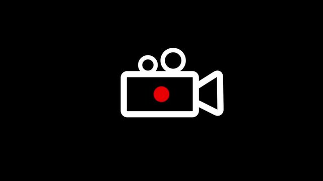 glowing camera record icon with flashing Red dot, video recording interface symbol with black background 4k animation.