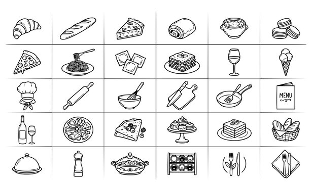 Italian and French Food Doodle Collection Vector with Restaurant Catering Cooking Elements