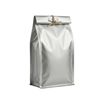 Silver foil coffee pouch with string isolated on transparent background