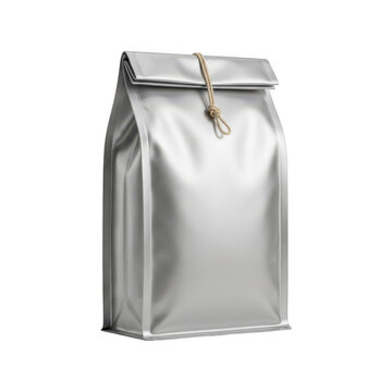 Silver foil packaging bag mockup isolated on transparent background