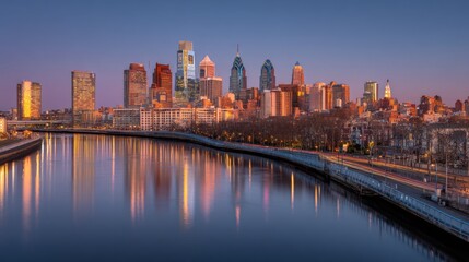 Fototapeta premium Scenic View of Philadelphia Skyline at Dusk with Reflection on Water Surface Highlighted by City Lights and Twilight Sky