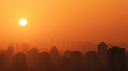 Obraz premium Sunset over a dramatic urban city skyline with silhouettes of orange buildings