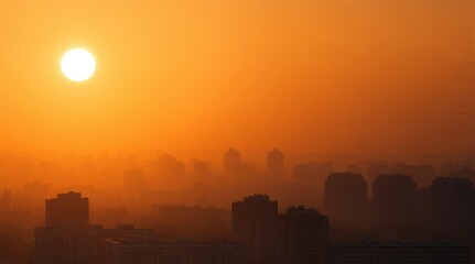 Fototapeta premium Sunrise over urban city skyline with hazy orange silhouette at morning or sunset
