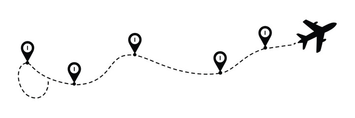 Airplane line path travel line icon set featuring dotted flight routes, navigation paths, and aviation journey tracking symbols ©                     