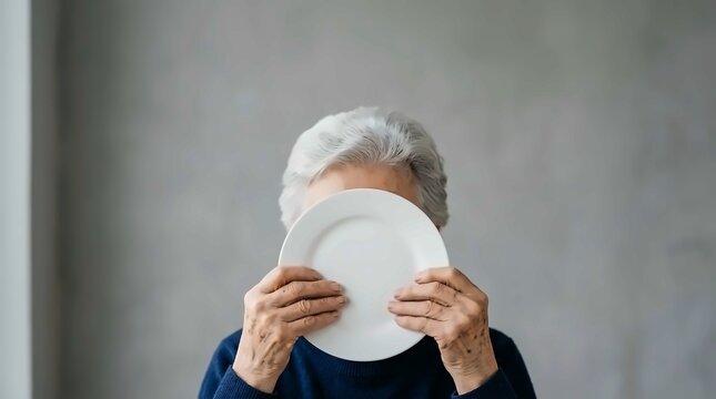 Elderly woman with grey hair hiding her face behind an empty white plate held with wrinkled hands against grey wall. Powerful concept of hunger, poverty and food insecurity among seniors.