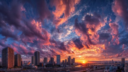 Obraz premium Breathtaking Sunset Over Urban Skyline with Vibrant Colors and Dramatic Clouds Above City Buildings and Waterway in Evening Light