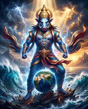 Divine varaha avatar standing over earth amidst cosmic storm