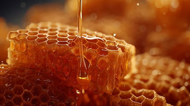 Fresh golden honey dripping onto a piece of natural honeycomb close up.
