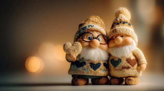 Charming Scandinavian Gnome Couple in Knitted Sweaters Holding a Heart. Cozy Hygge Valentine's Day Concept with Bokeh Lights and Copy Space.
