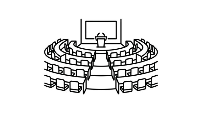 Minimalist line icon of a large lecture hall auditorium.