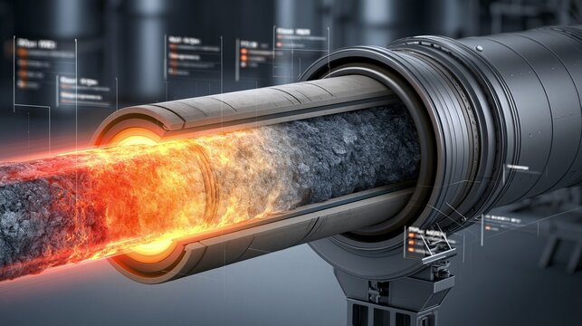 Isometric view of the rotary kiln crosssection emphasizing the glowing heat gradients affecting the raw mix transformation with blurred technical labels and sleek machinery