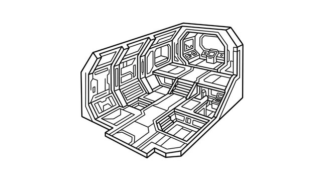 Isometric futuristic space station interior module line art.