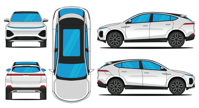 Modern white crossover SUV EV car vector template with front side top and back views