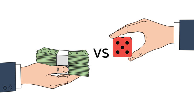 Comparison between guaranteed income represented by cash and gambling represented by a die held by business professional hands.