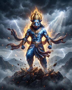 Powerful varaha avatar standing on rocky mountain peak amidst stormy skies