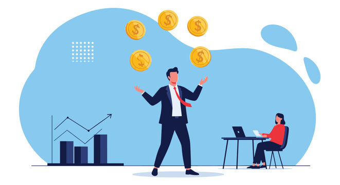 Professional businessman juggling gold dollar coins in an office while a colleague works on a laptop representing financial multitasking.