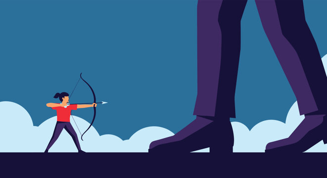 Small woman archer aiming a bow and arrow at the giant legs of a corporate professional representing David versus Goliath concept.