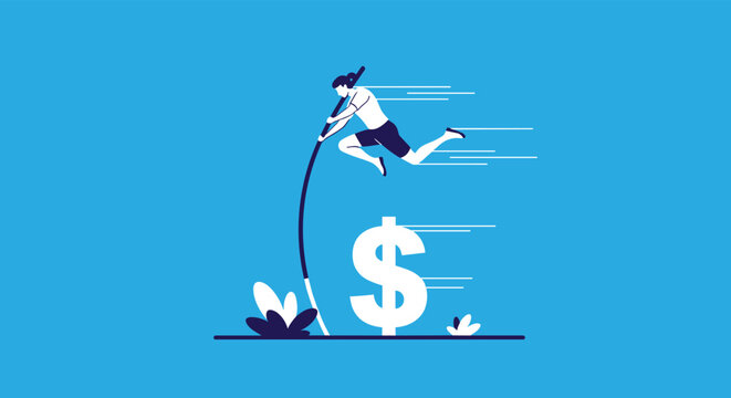 Motivated businesswoman using a pole vault to jump over a large dollar sign symbolizing financial success and goals.