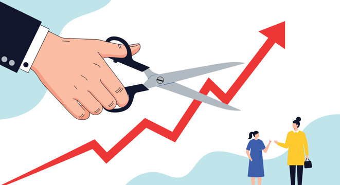 Giant hand using a pair of black scissors to cut a red rising growth arrow while two small people talk nearby.