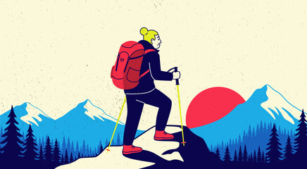 Elderly woman with hikes with a backpack and poles, set against a backdrop of snow capped mountains and pine trees. Hiker stands triumphantly on a mountain peak. Senior vacation concept. © AnnaPa