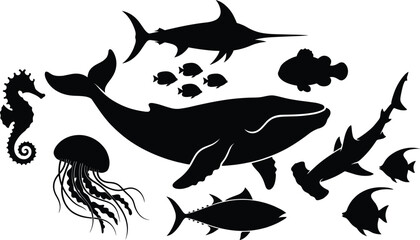 Marine animal silhouettes collection, ocean wildlife and aquatic species set, underwater nature vector illustration icons © VectoBloom