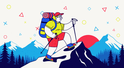 Elderly woman with hikes with a backpack and poles, set against a backdrop of snow capped mountains and pine trees. Hiker stands triumphantly on a mountain peak. Senior vacation concept. © AnnaPa
